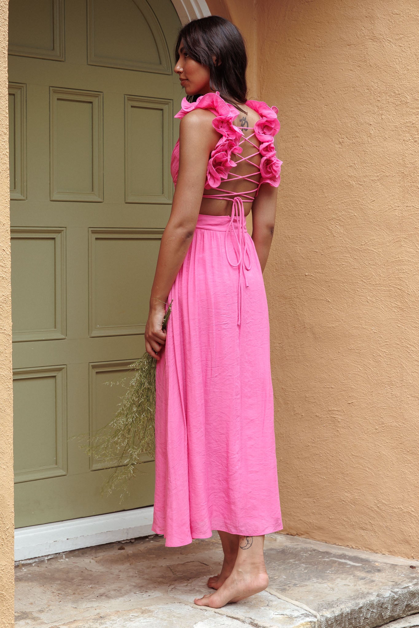 Shop the Madara Laced Back Ruffle Dress Hot Pink