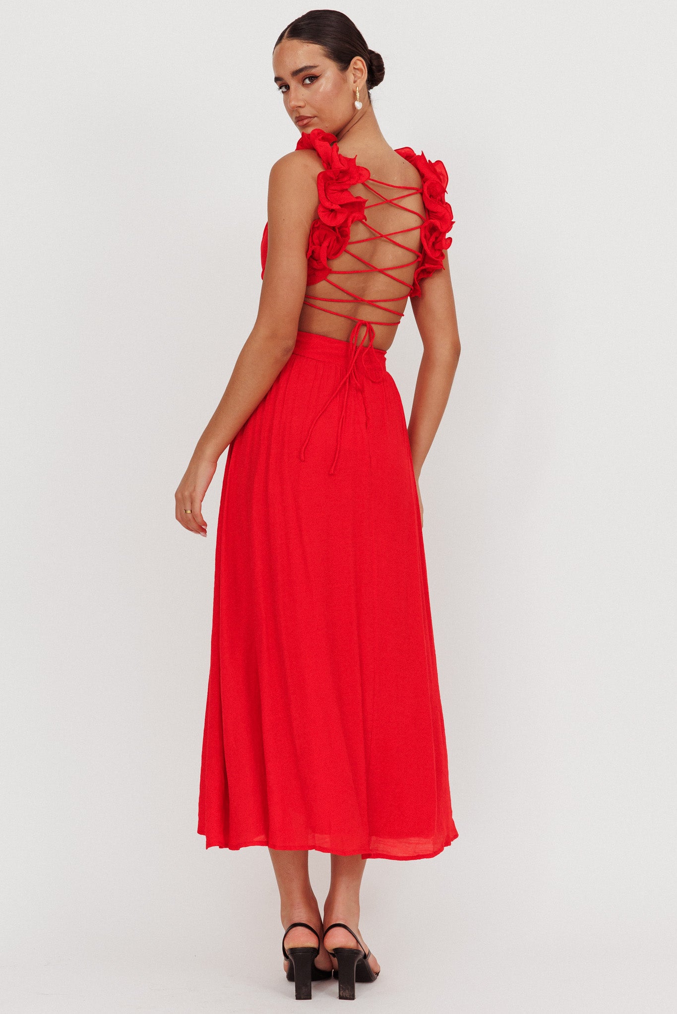 Madara Laced Back Ruffle Dress Red by Selfie Leslie