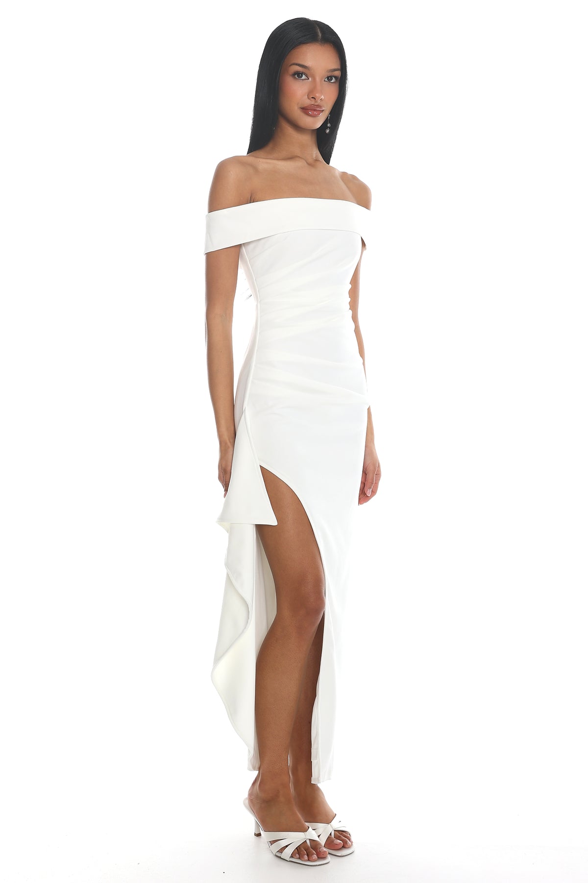 Shop the Cha Cha Off Shoulder Thigh Split Maxi Dress Off White
