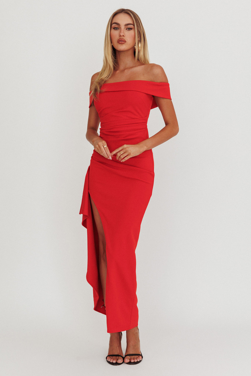 Cha Cha Strapless Thigh Split Dress Red by Selfie Leslie