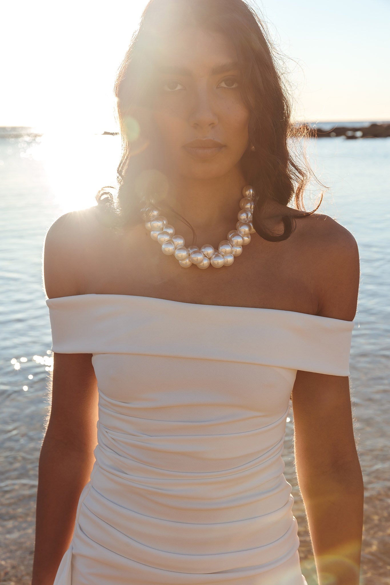 Cha Cha Off Shoulder Thigh Split Maxi Dress Off White by Selfie Leslie