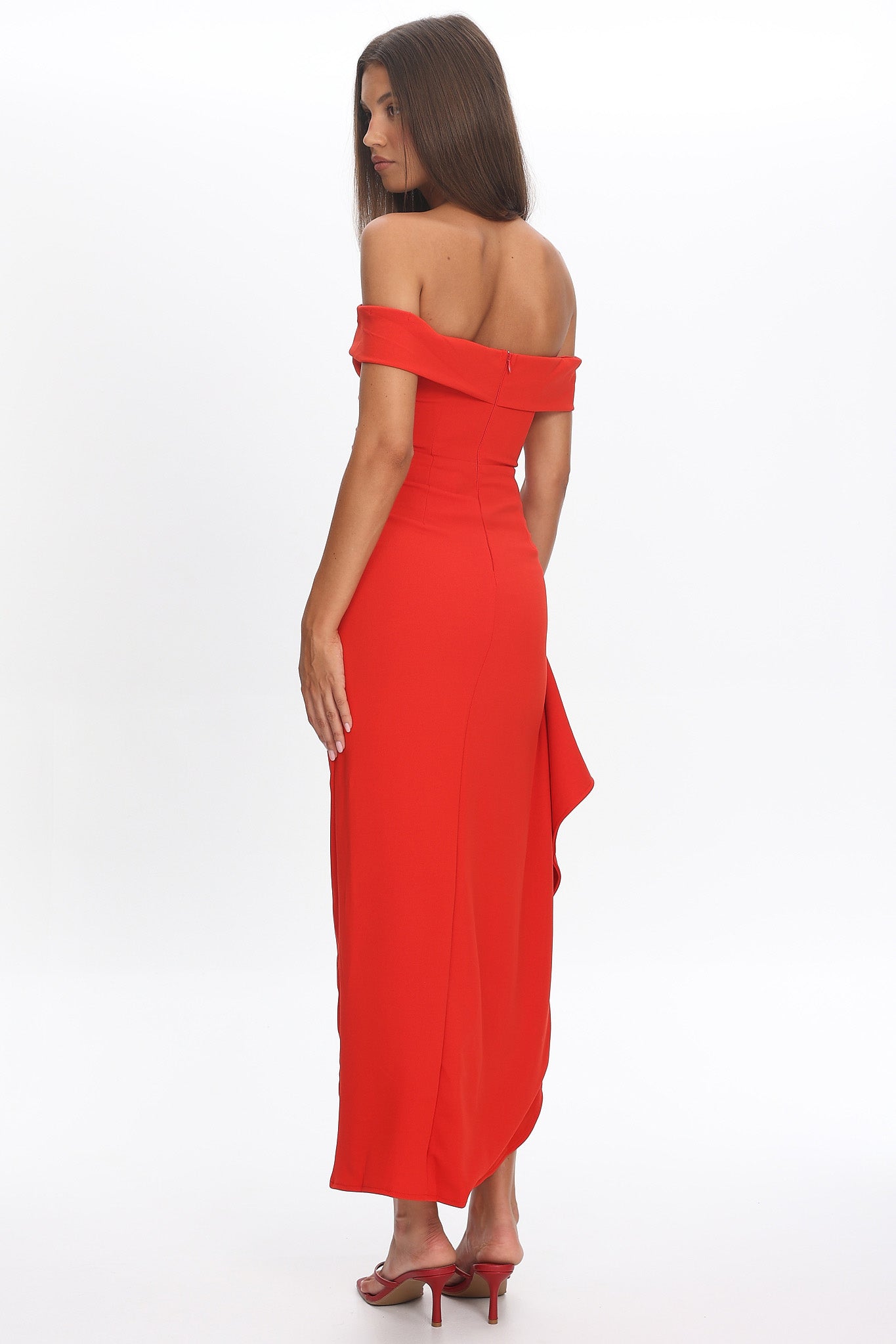 Cha Cha Off Shoulder Thigh Split Maxi Dress Red by Selfie Leslie