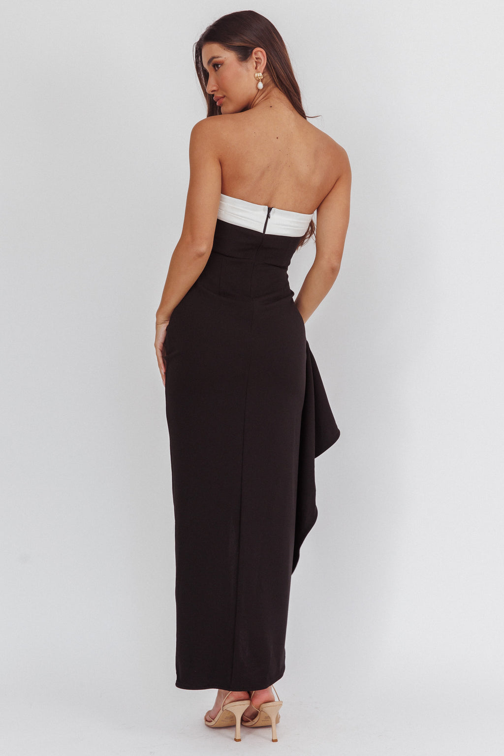 Cha Cha Strapless Thigh Split Dress Contrast Black by Selfie Leslie