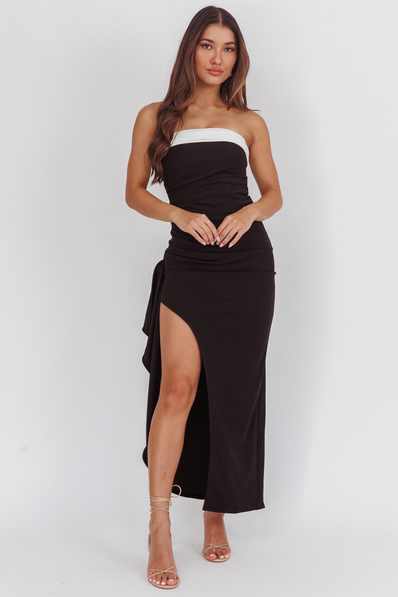 Cha Cha Strapless Thigh Split Dress Contrast Black by Selfie Leslie