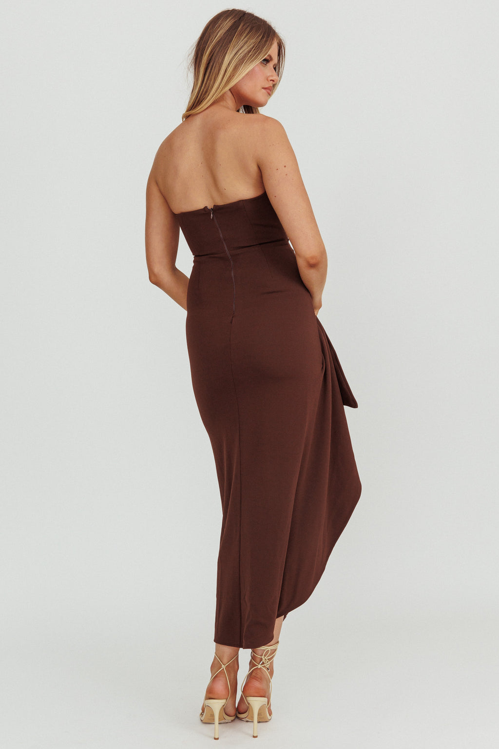 Cha Cha Strapless Thigh Split Dress Chocolate by Selfie Leslie