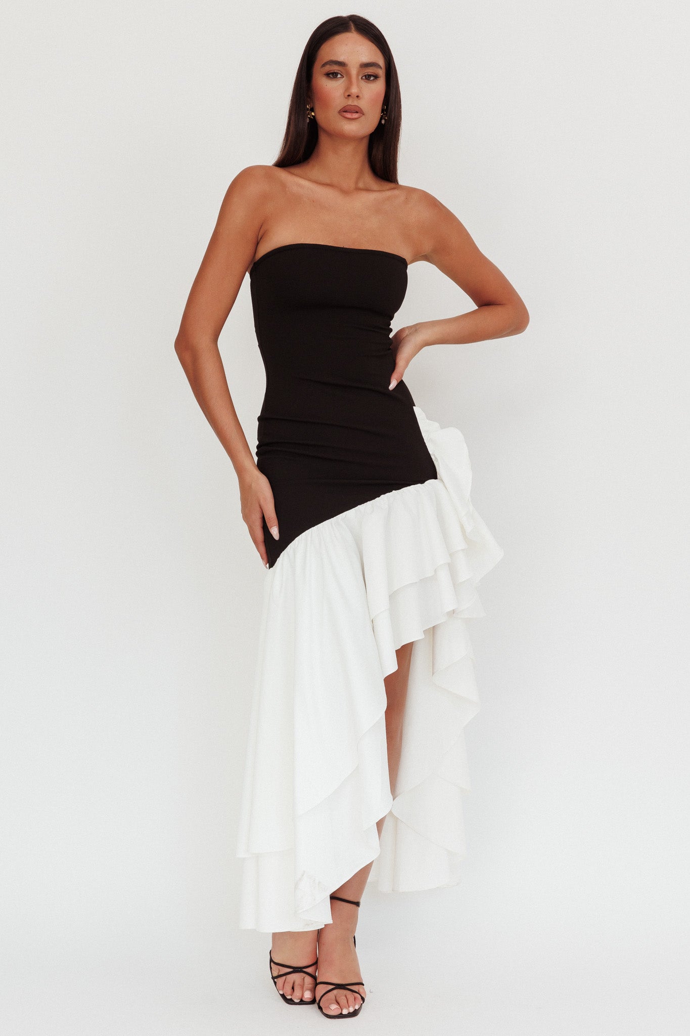 Cha Cha Strapless Thigh Split Dress Black/White by Selfie Leslie