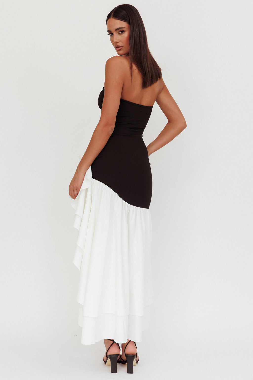 Cha Cha Strapless Thigh Split Dress Black/White by Selfie Leslie