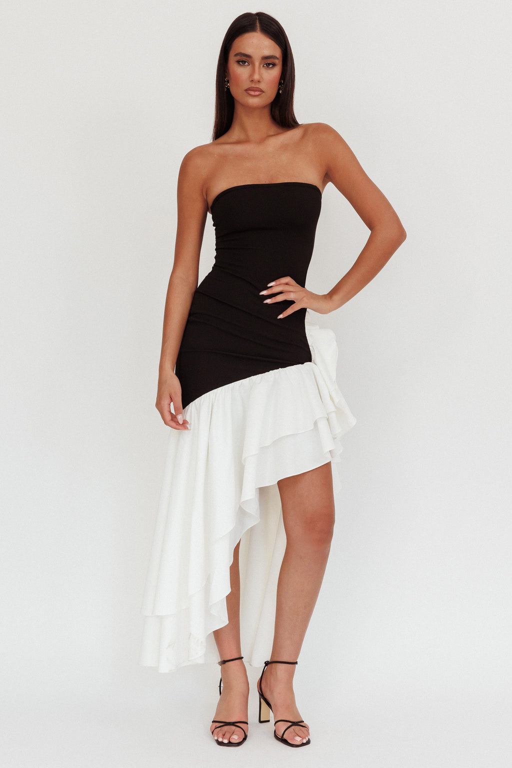 Cha Cha Strapless Thigh Split Dress Black/White by Selfie Leslie