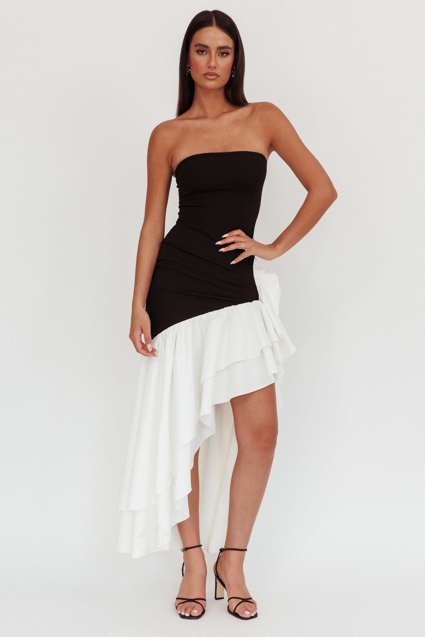Cha Cha Strapless Thigh Split Dress Black/White by Selfie Leslie