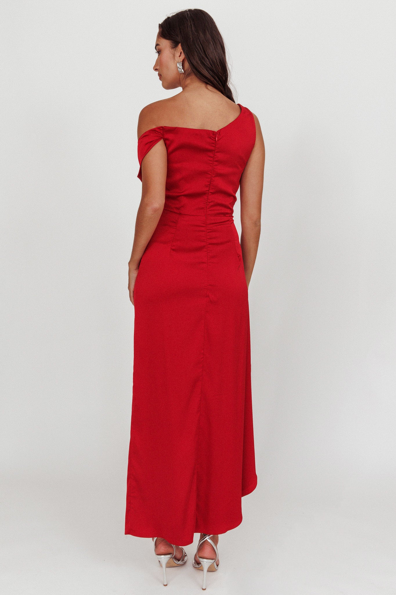 Sensations Off Shoulder Satin Maxi Dress Red by Selfie Leslie