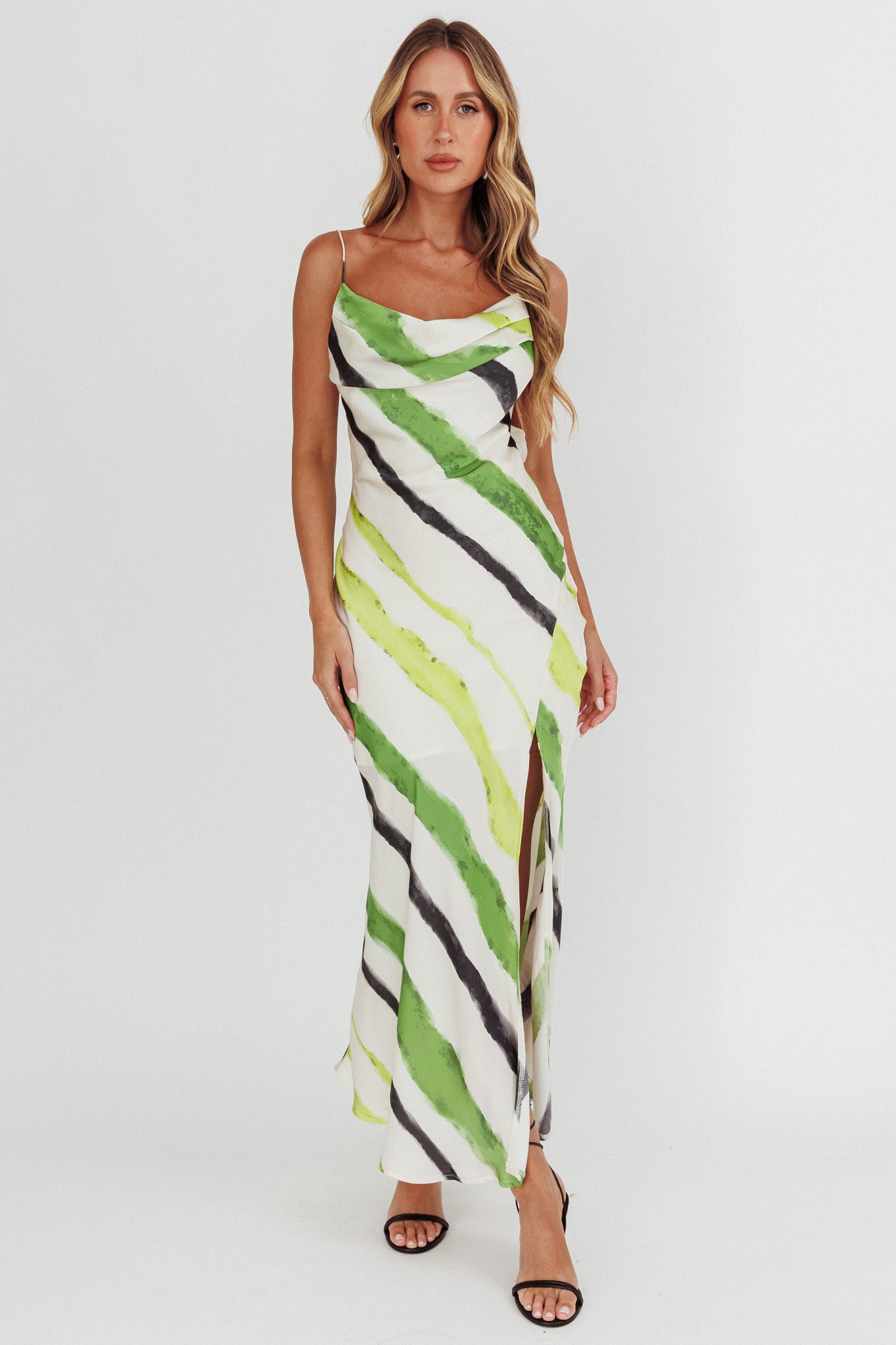 Blondine Cowl Bust Split Maxi Dress Green by Selfie Leslie