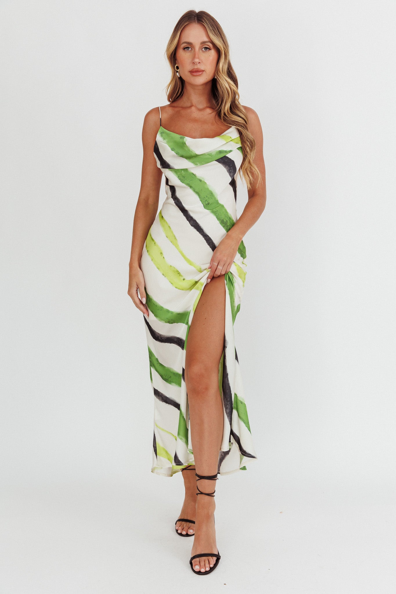 Blondine Cowl Bust Split Maxi Dress Green by Selfie Leslie