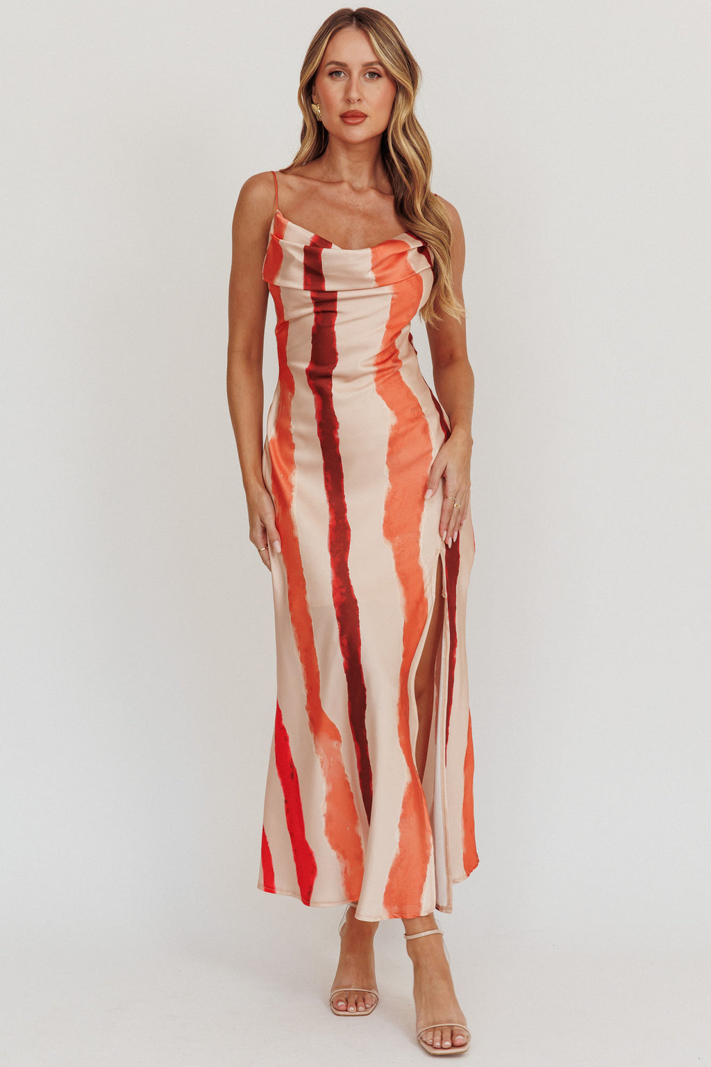 Blondine Cowl Bust Split Maxi Dress Peach by Selfie Leslie