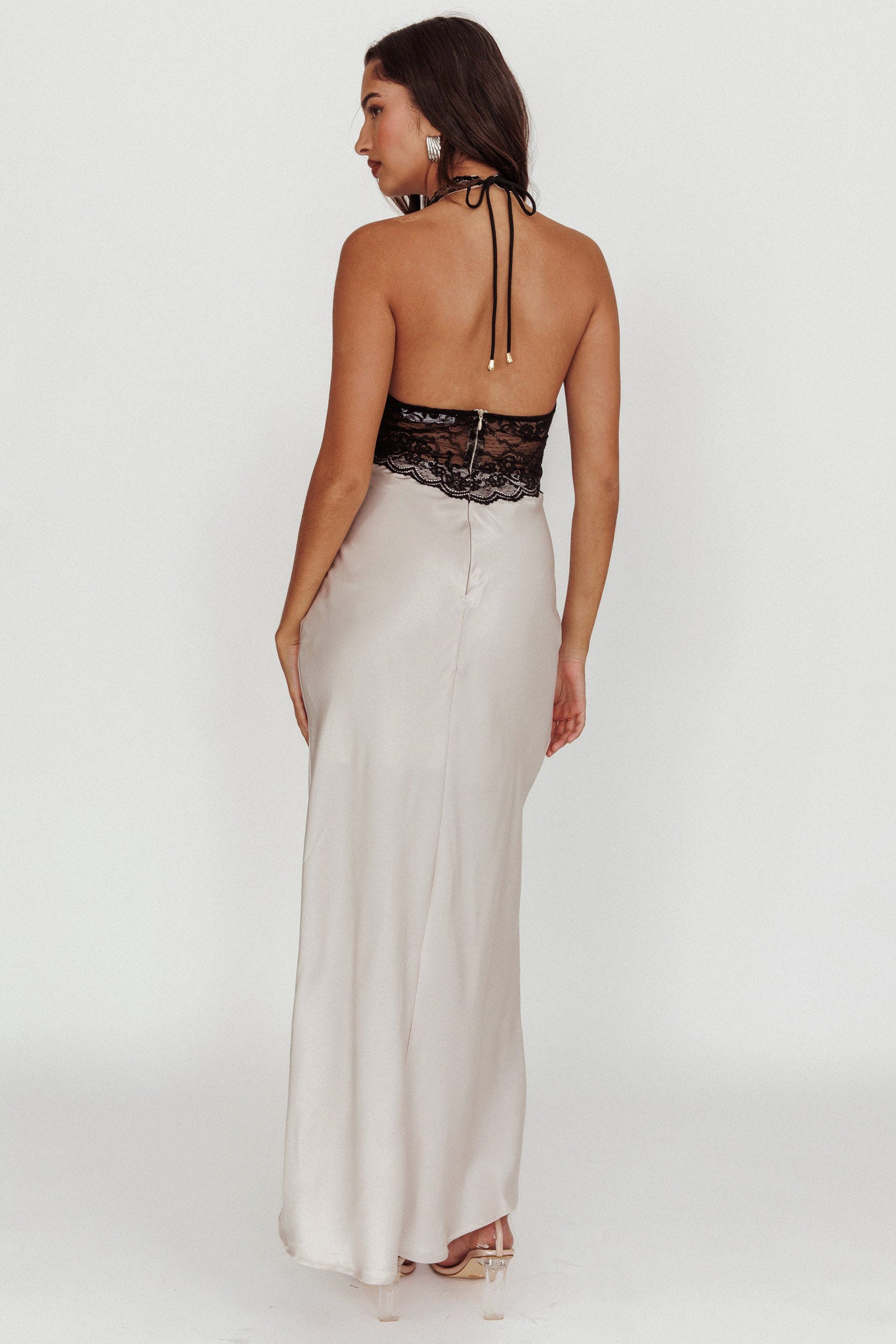 white christmas dresses Rarity Satin Lace Halterneck Maxi Dress Champagne– Selfie Leslie
