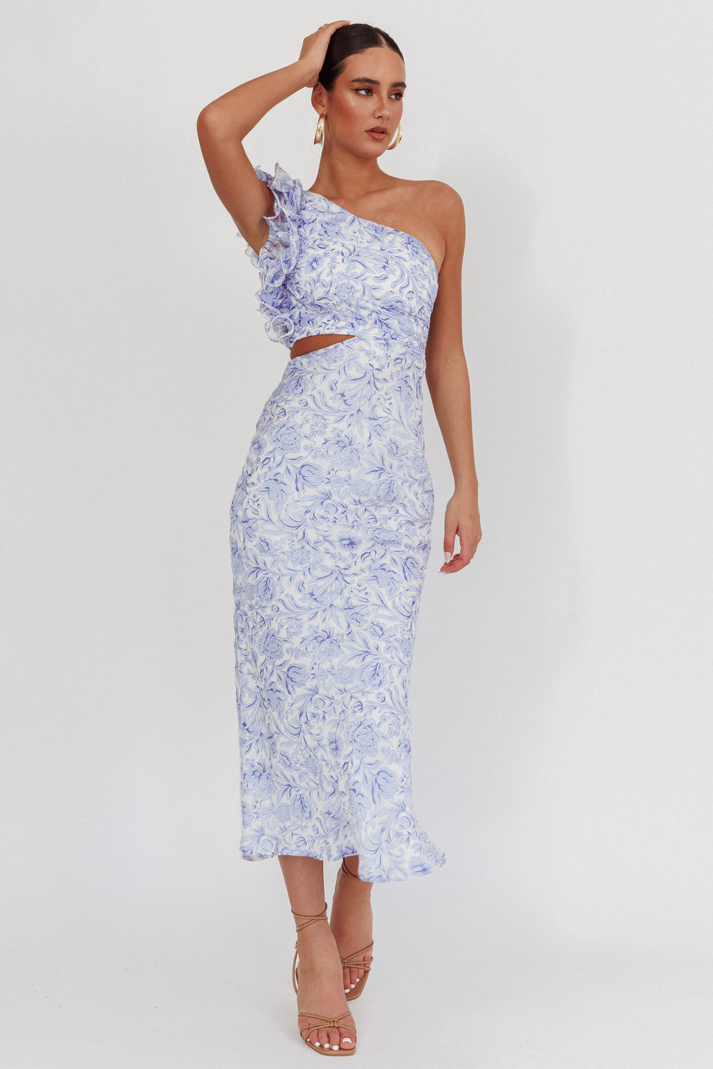 Deanna One-Shoulder Ruffle Midi Dress Floral Blue by Selfie Leslie