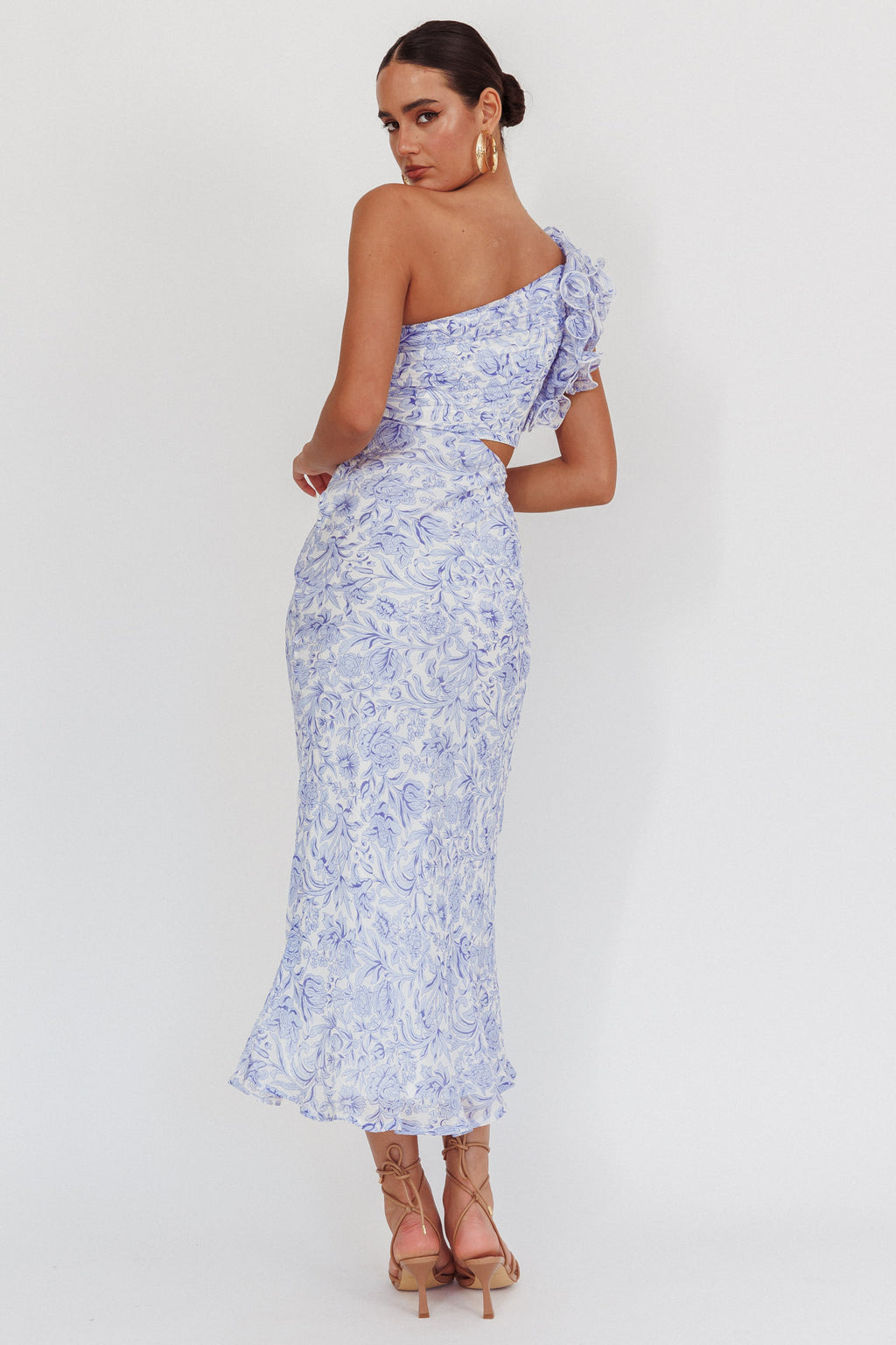 Deanna One-Shoulder Ruffle Midi Dress Floral Blue by Selfie Leslie