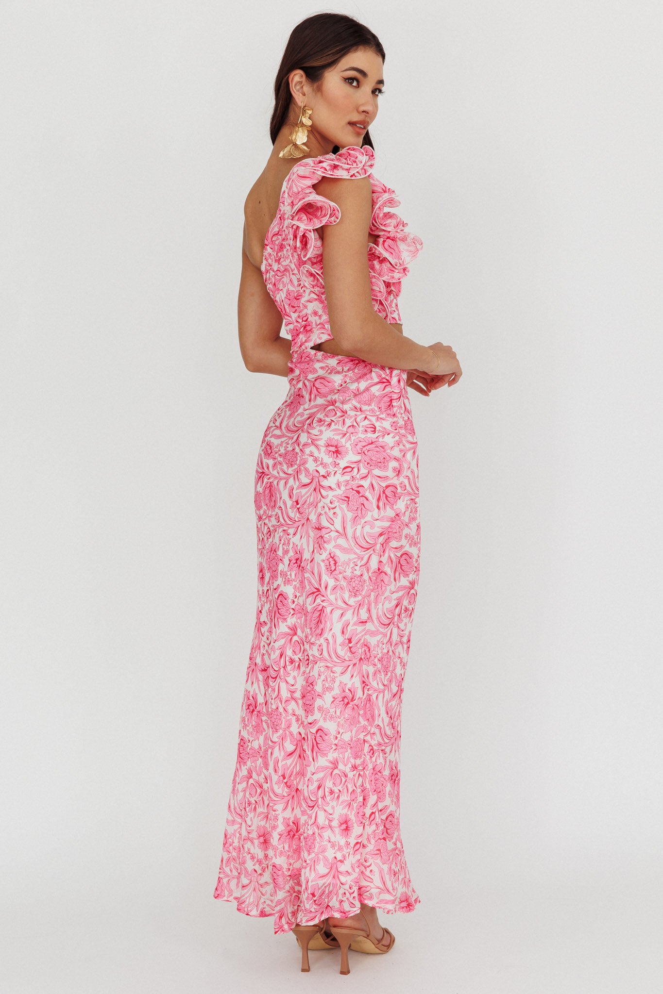 Deanna One-Shoulder Ruffle Midi Dress Floral Pink by Selfie Leslie