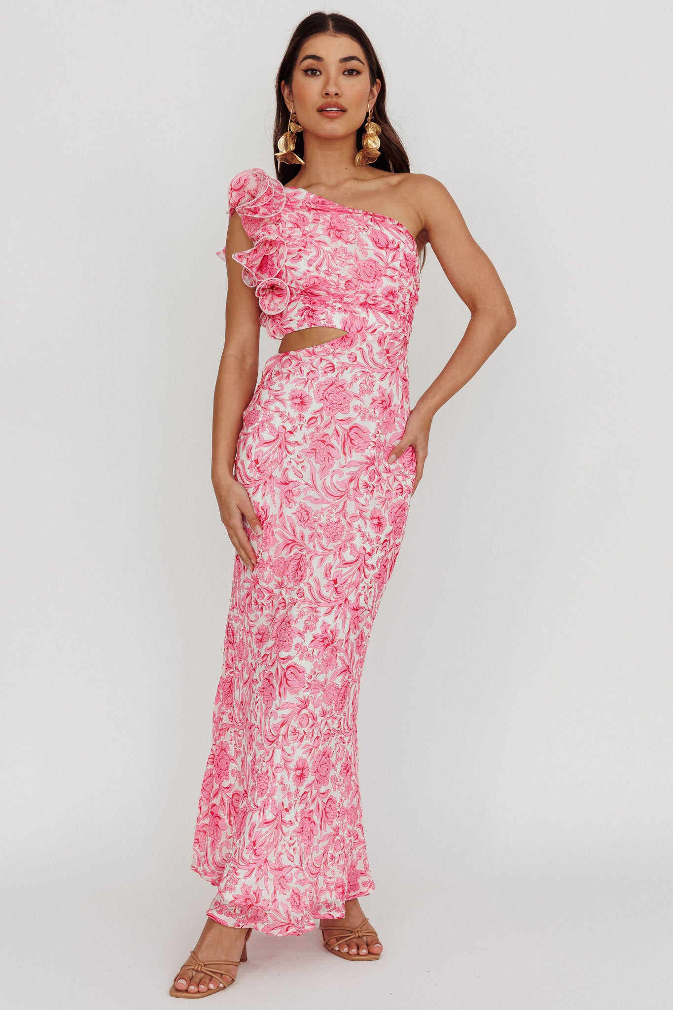 Deanna One-Shoulder Ruffle Midi Dress Floral Pink by Selfie Leslie