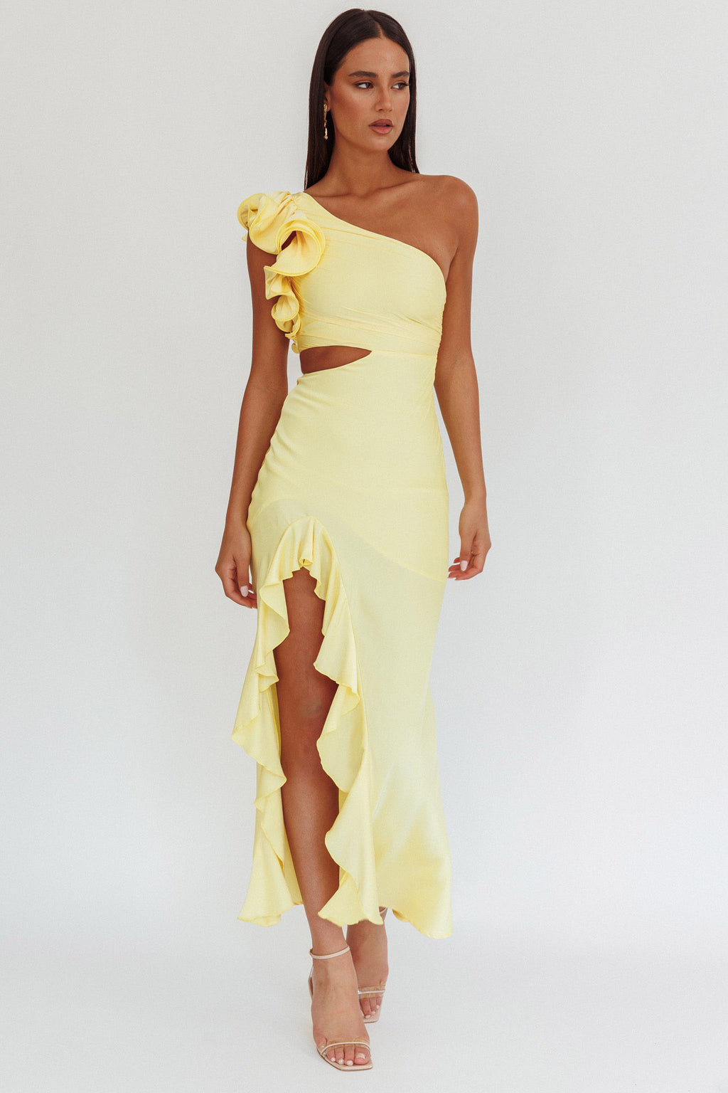Deanna One-Shoulder Split Maxi Dress Yellow by Selfie Leslie
