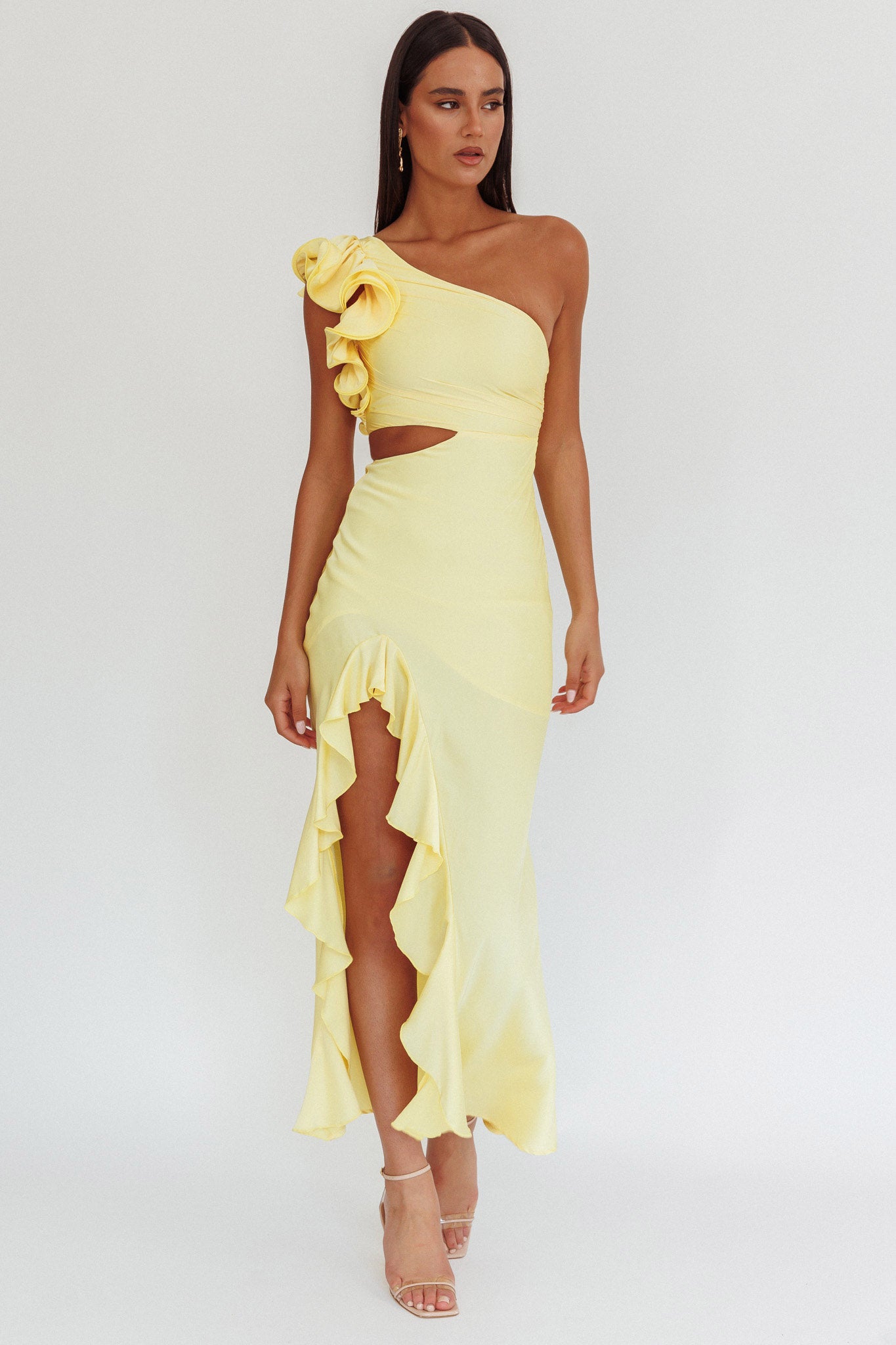 Shop the Deanna One-Shoulder Split Maxi Dress Yellow