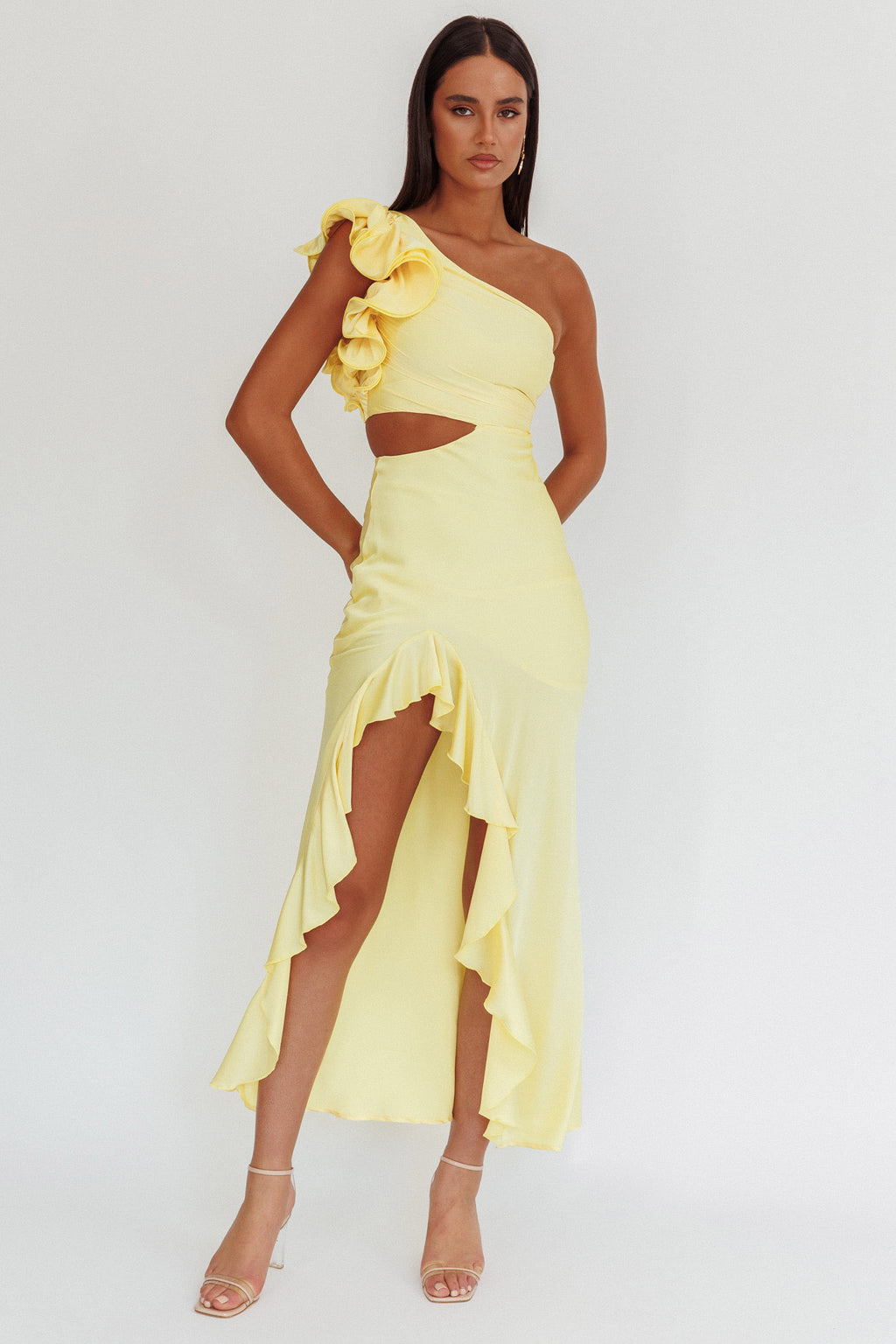 Deanna One-Shoulder Split Maxi Dress Yellow by Selfie Leslie