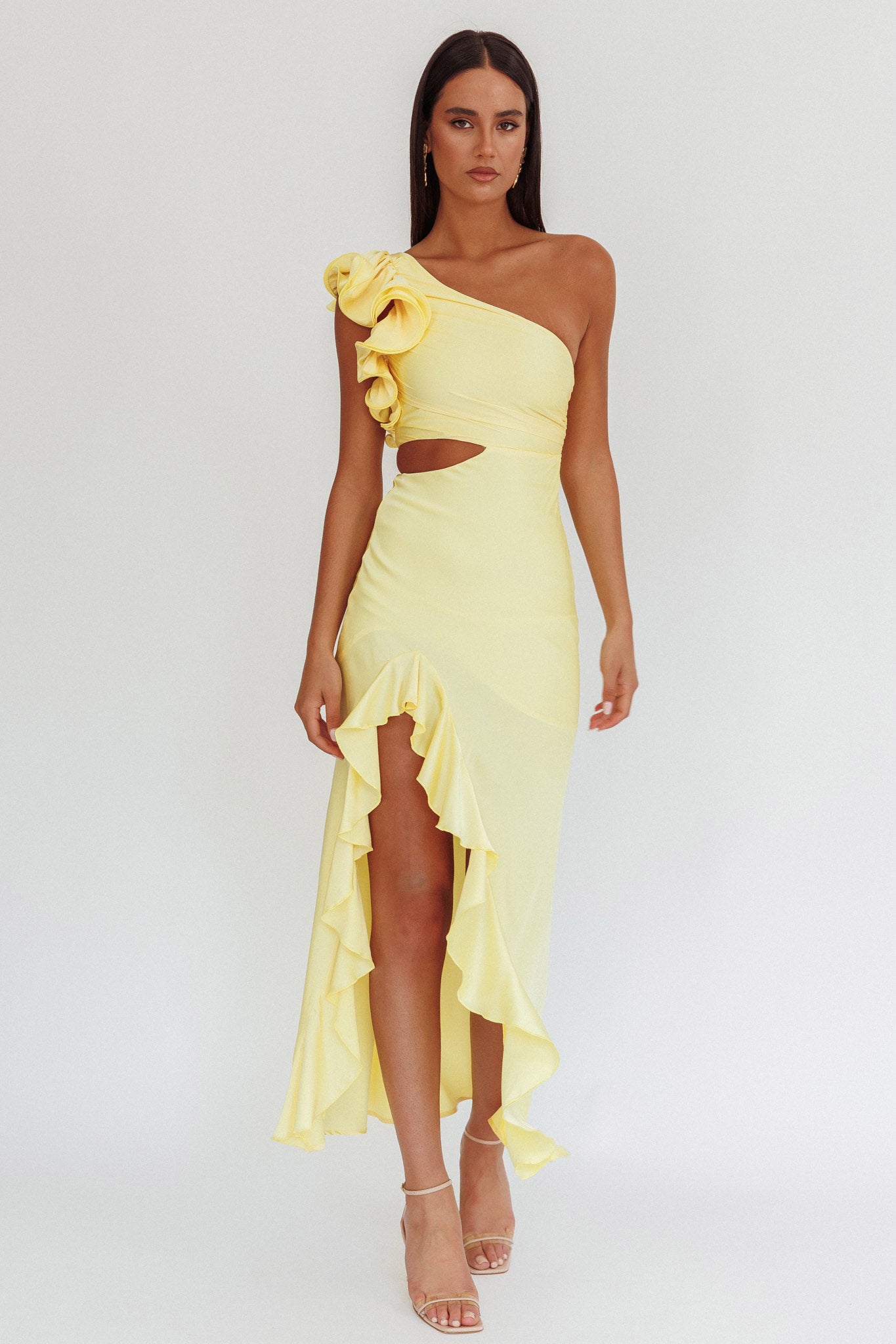 likely yellow one shoulder dress One Shoulder Draped Lace Maxi Dress Yellow