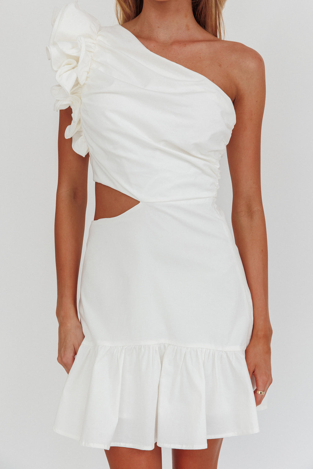 Deanna One-Shoulder Cut-Out Mini Dress White by Selfie Leslie