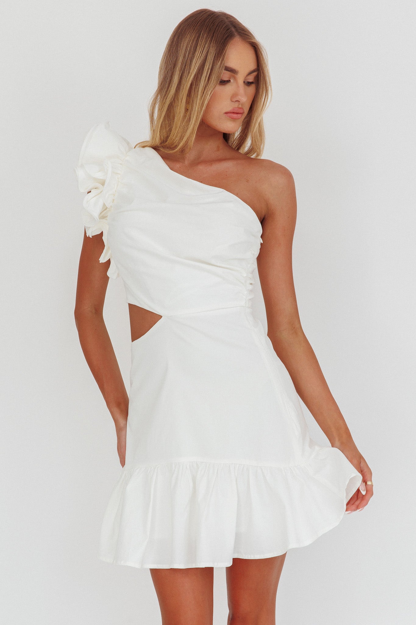 Deanna One-Shoulder Cut-Out Mini Dress White by Selfie Leslie