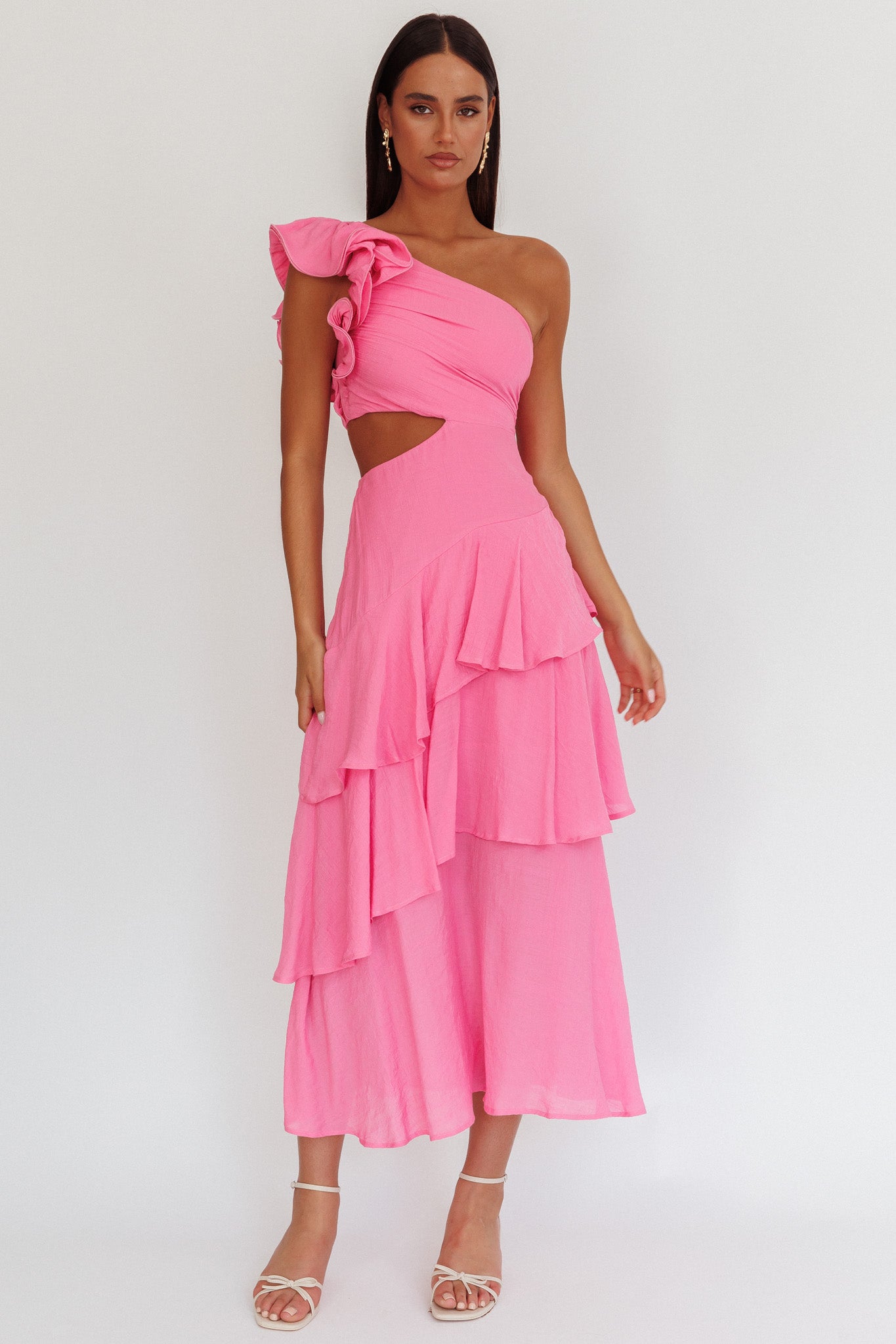 Deanna One-Shoulder Tiered Maxi Dress Pink by Selfie Leslie