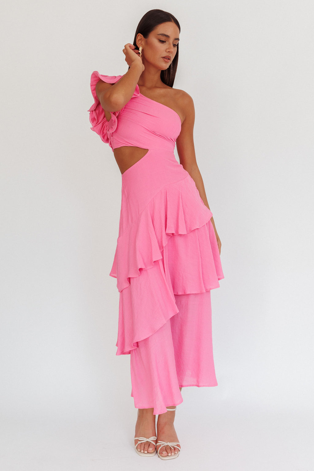 Deanna One-Shoulder Tiered Maxi Dress Pink by Selfie Leslie