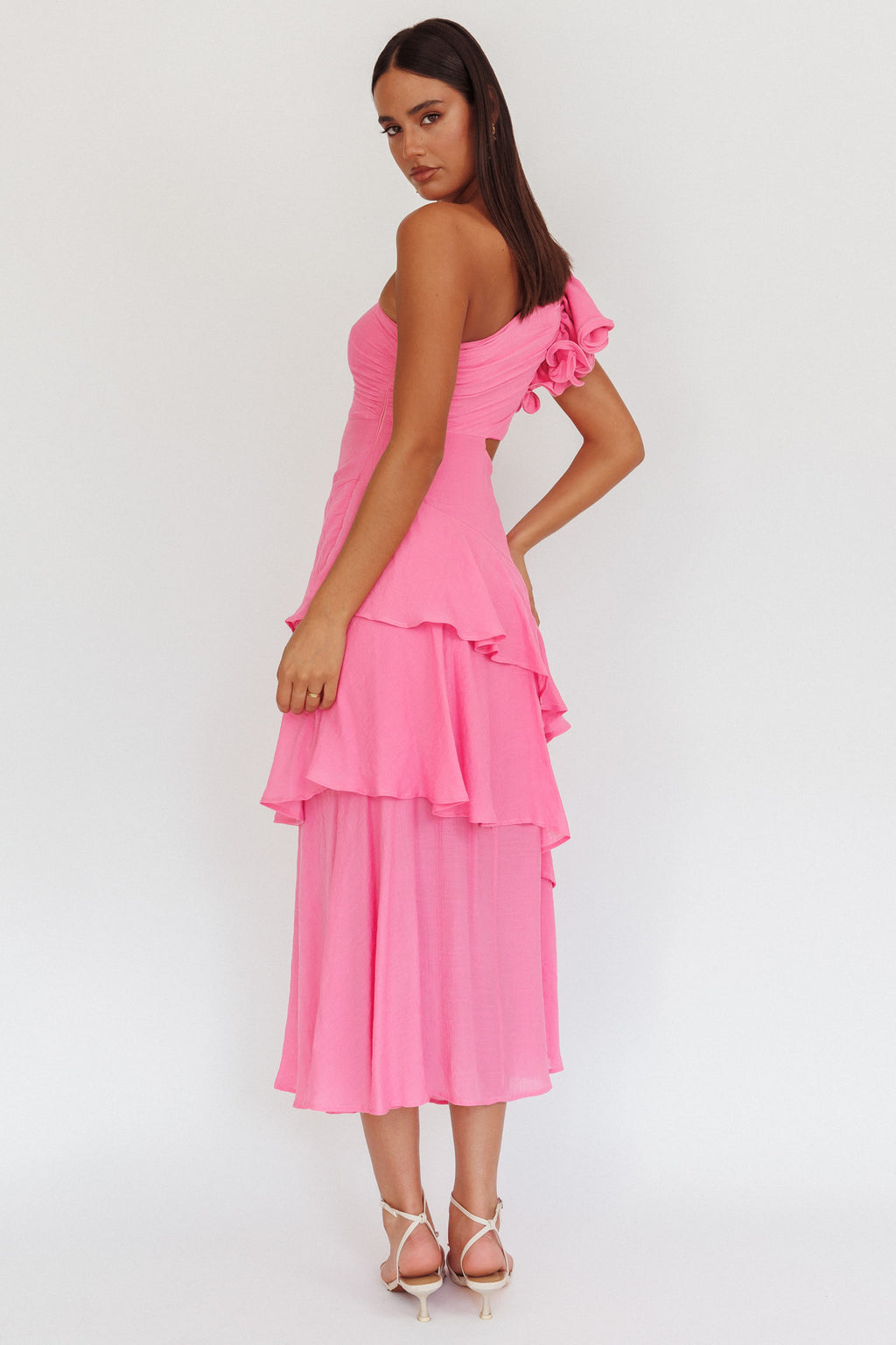 Deanna One-Shoulder Tiered Maxi Dress Pink by Selfie Leslie