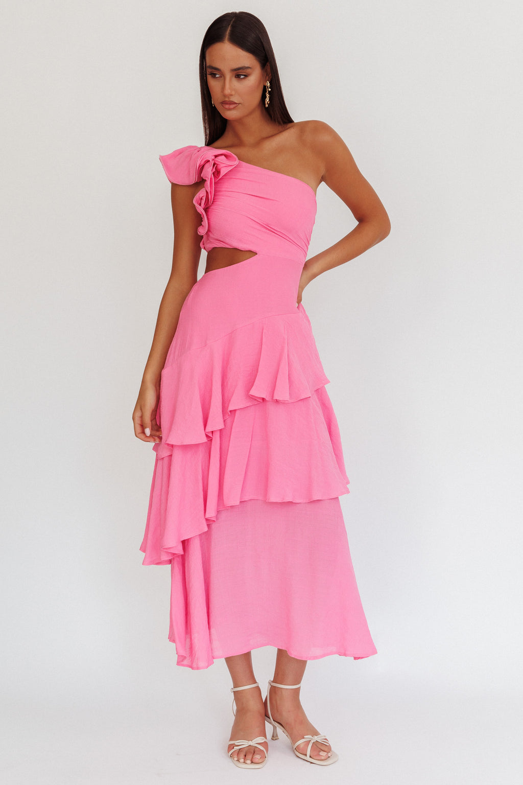Deanna One-Shoulder Tiered Maxi Dress Pink by Selfie Leslie