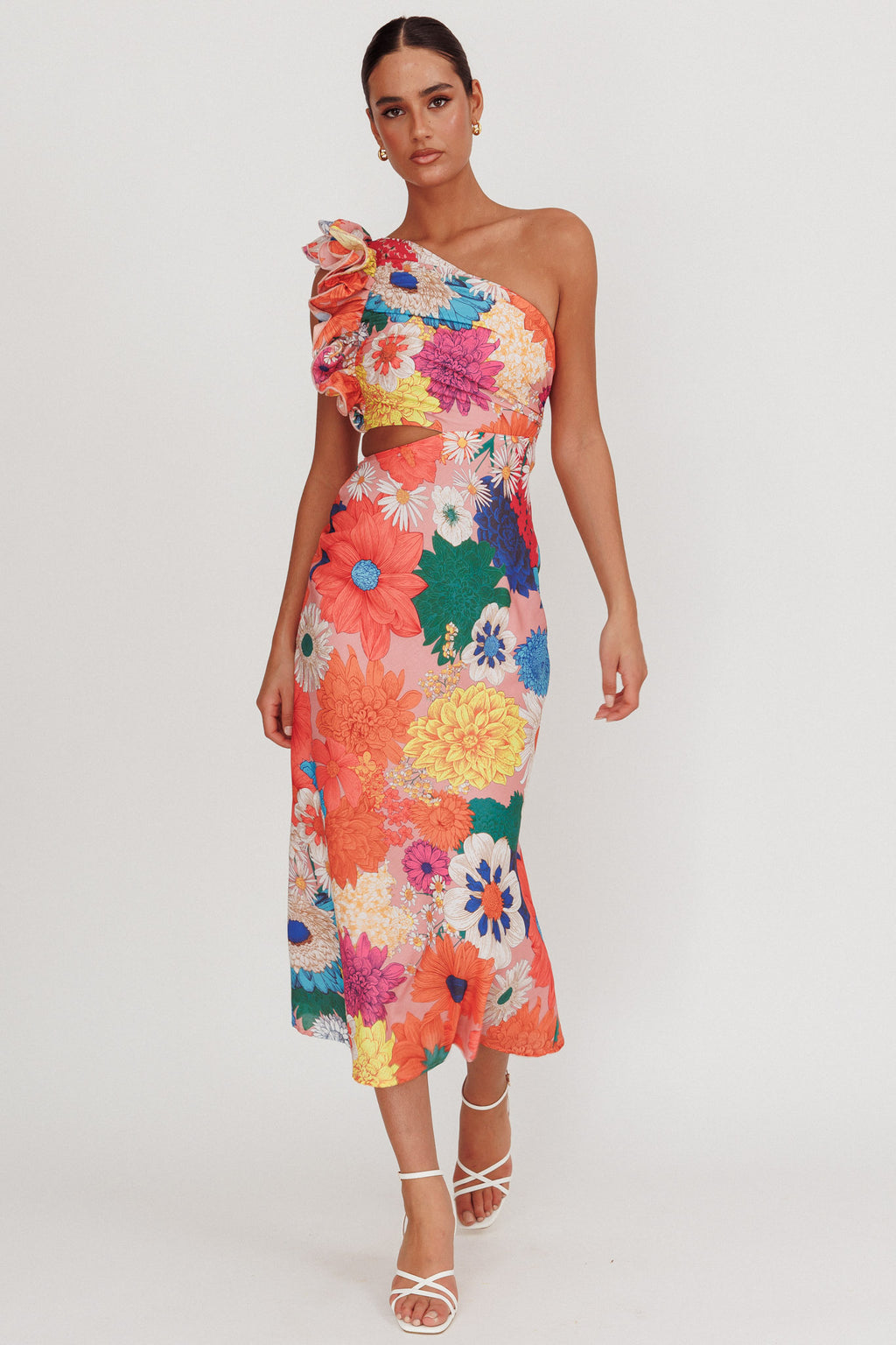Deanna One-Shoulder Ruffle Floral Maxi Dress Orange by Selfie Leslie