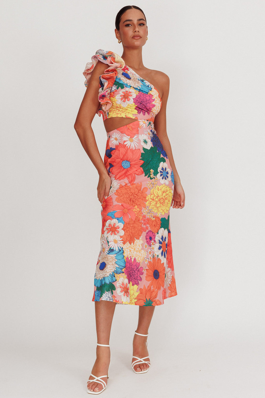 Deanna One-Shoulder Ruffle Floral Maxi Dress Orange by Selfie Leslie