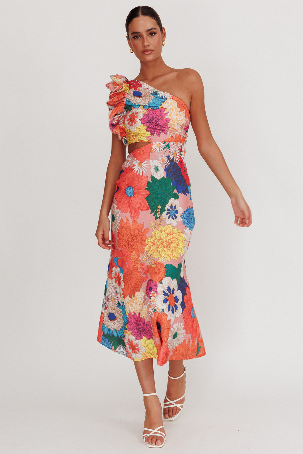 Deanna One-Shoulder Ruffle Floral Maxi Dress Orange by Selfie Leslie