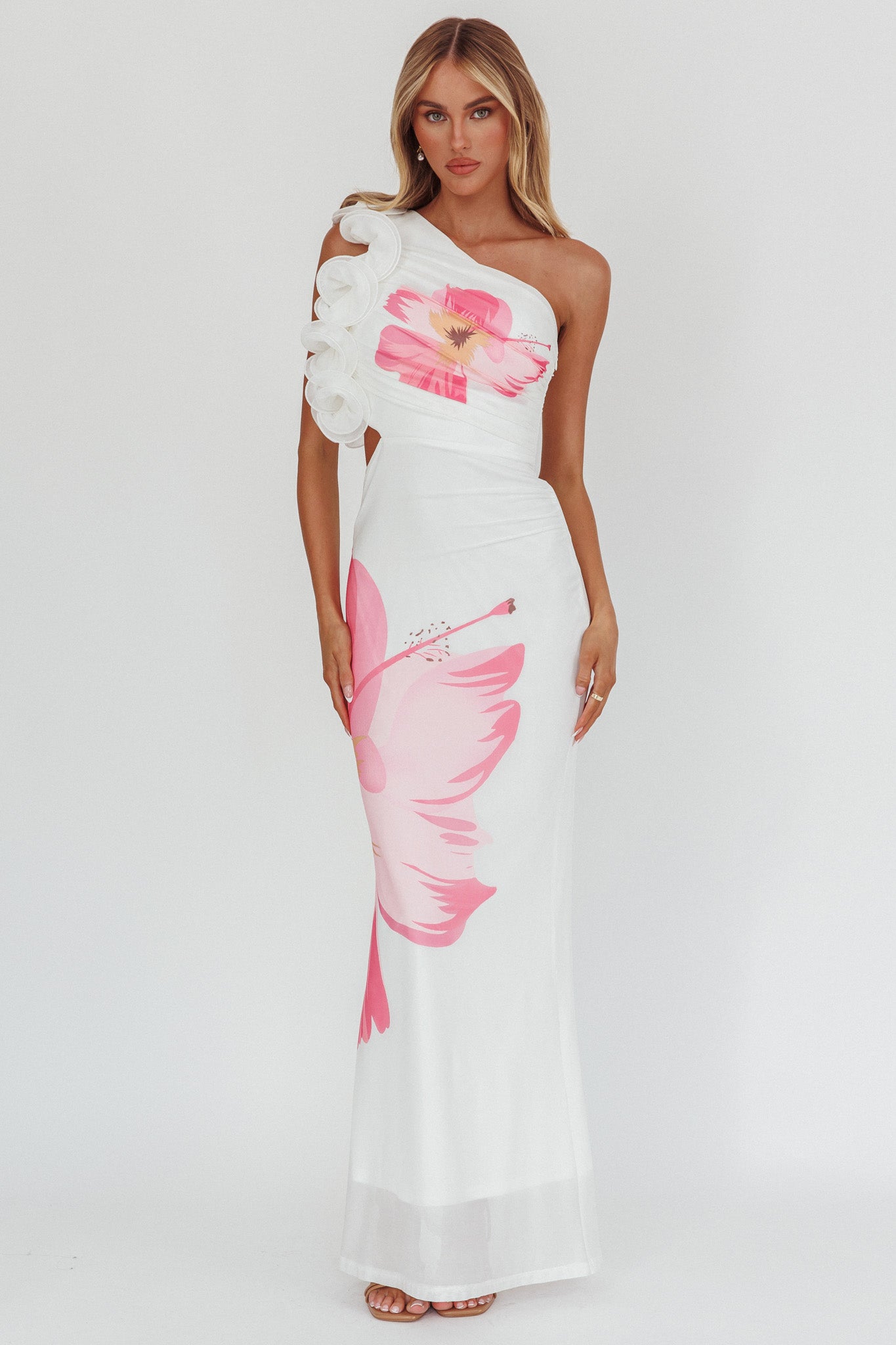 Deanna One-Shoulder Ruffle Maxi Dress Hibiscus White by Selfie Leslie