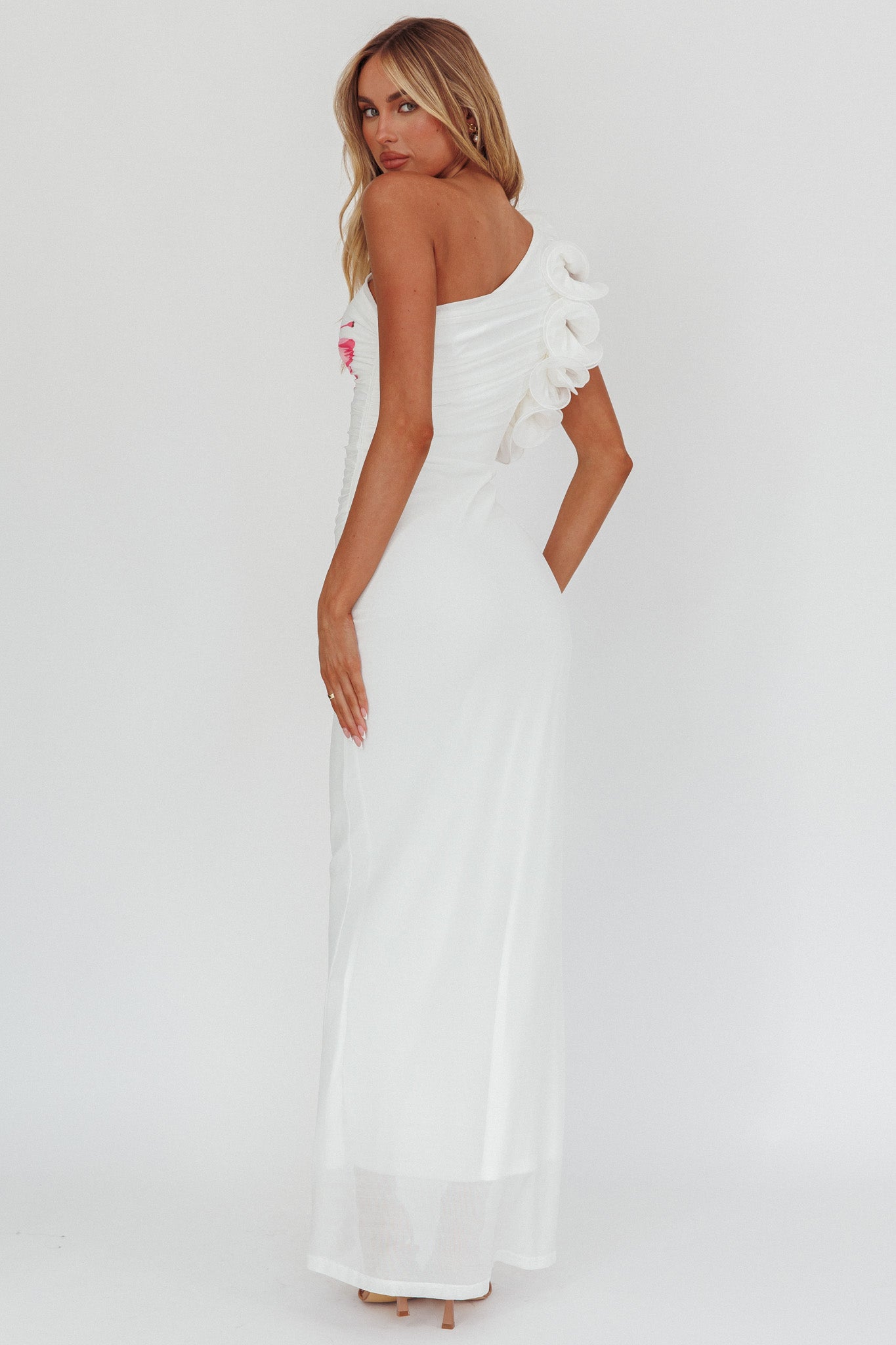 Deanna One-Shoulder Ruffle Maxi Dress Hibiscus White by Selfie Leslie