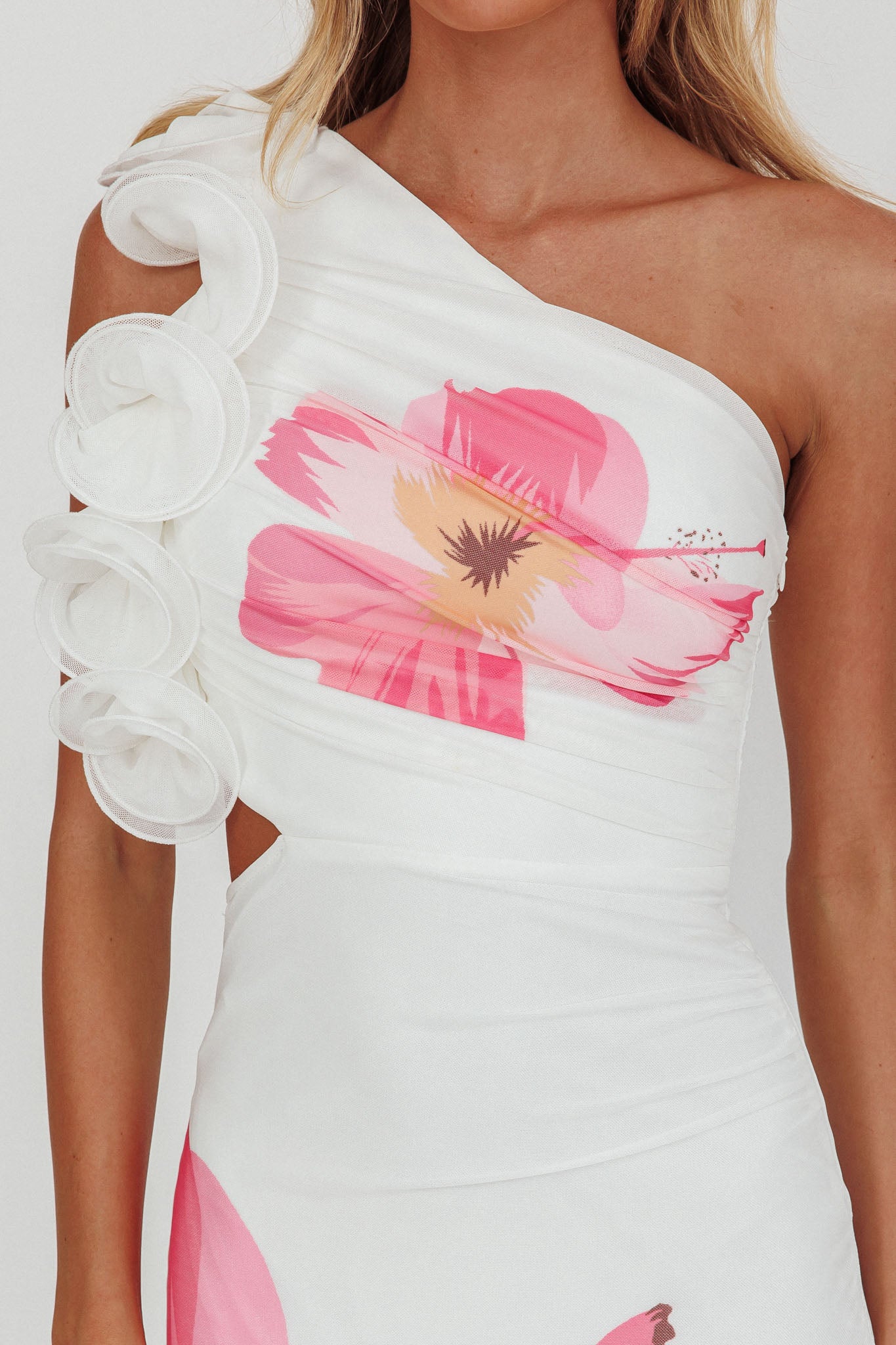Deanna One-Shoulder Ruffle Maxi Dress Hibiscus White by Selfie Leslie