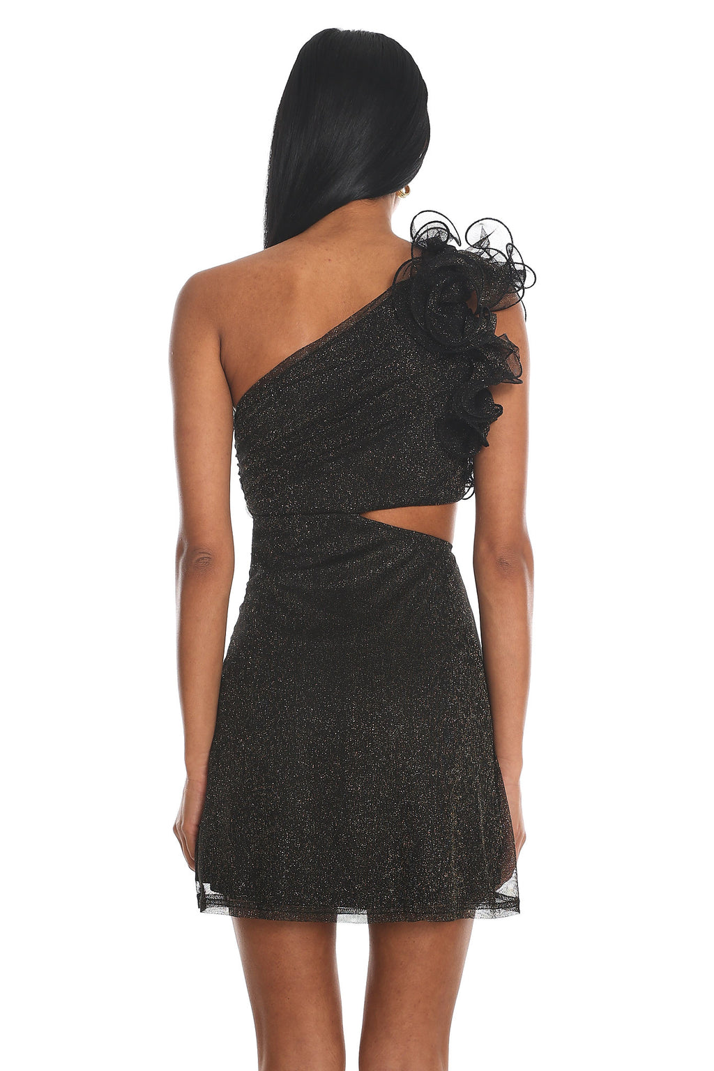 Deanna One-Shoulder Ruffle Mini Dress Glitter Black by Selfie Leslie