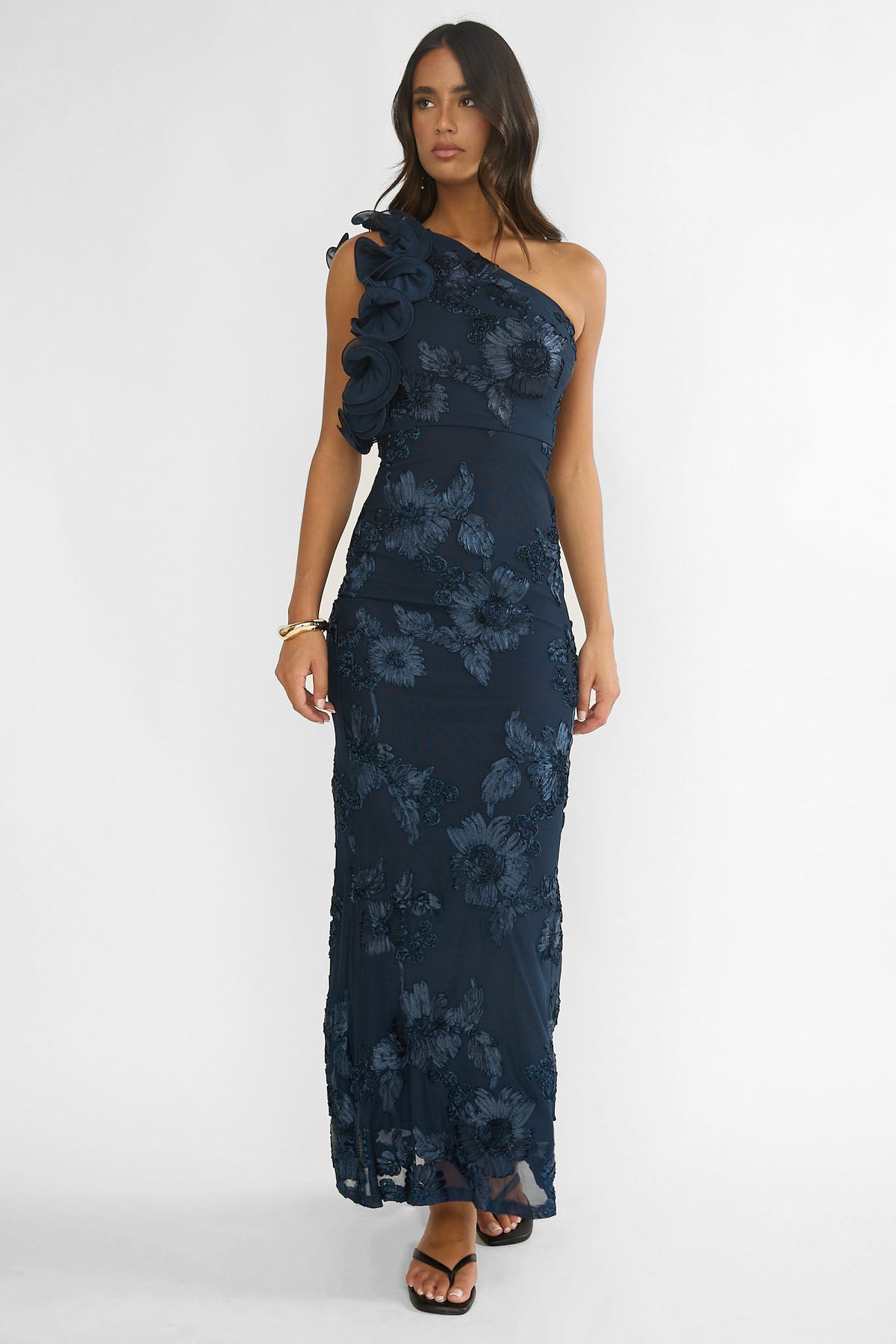 navy ruffle maxi dress Deanna One-Shoulder Floral Length/Linen:Lined top&bottom this dress combines elegance Handling $.90 H&M Fall Sustainable Conscious