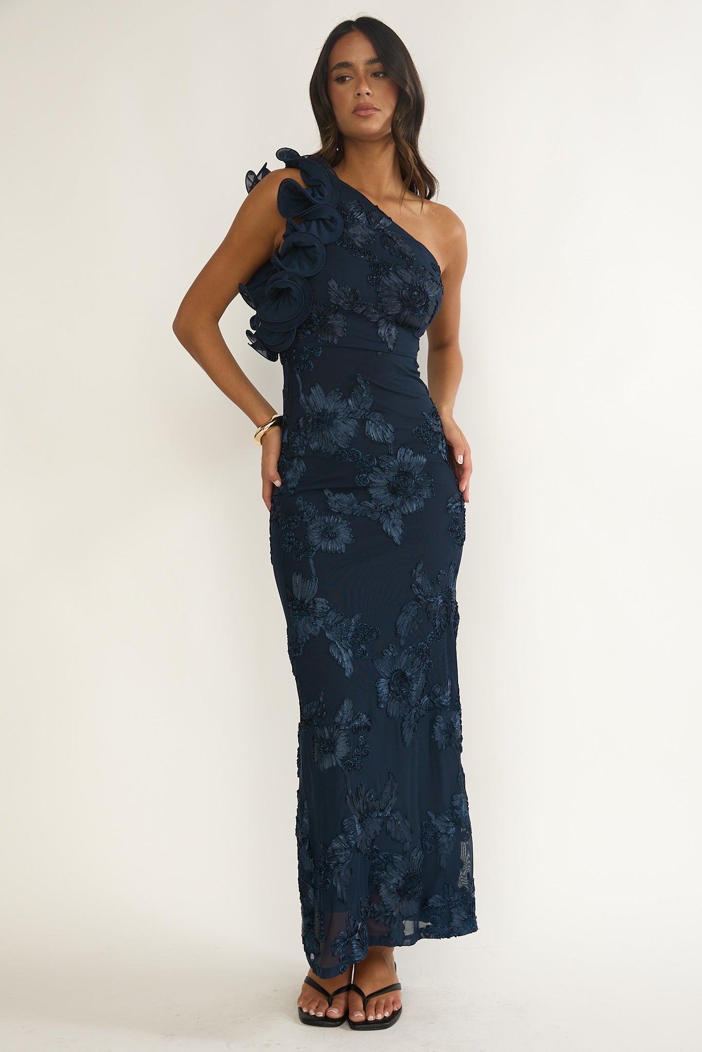 Deanna One-Shoulder Ruffle Maxi Dress Floral Navy by Selfie Leslie