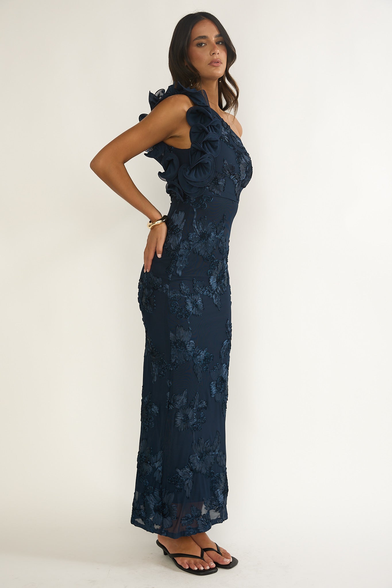 Deanna One-Shoulder Ruffle Maxi Dress Floral Navy by Selfie Leslie