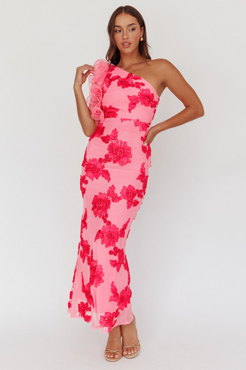 Shop the Deanna One-Shoulder Ruffle Maxi Dress Floral Pink