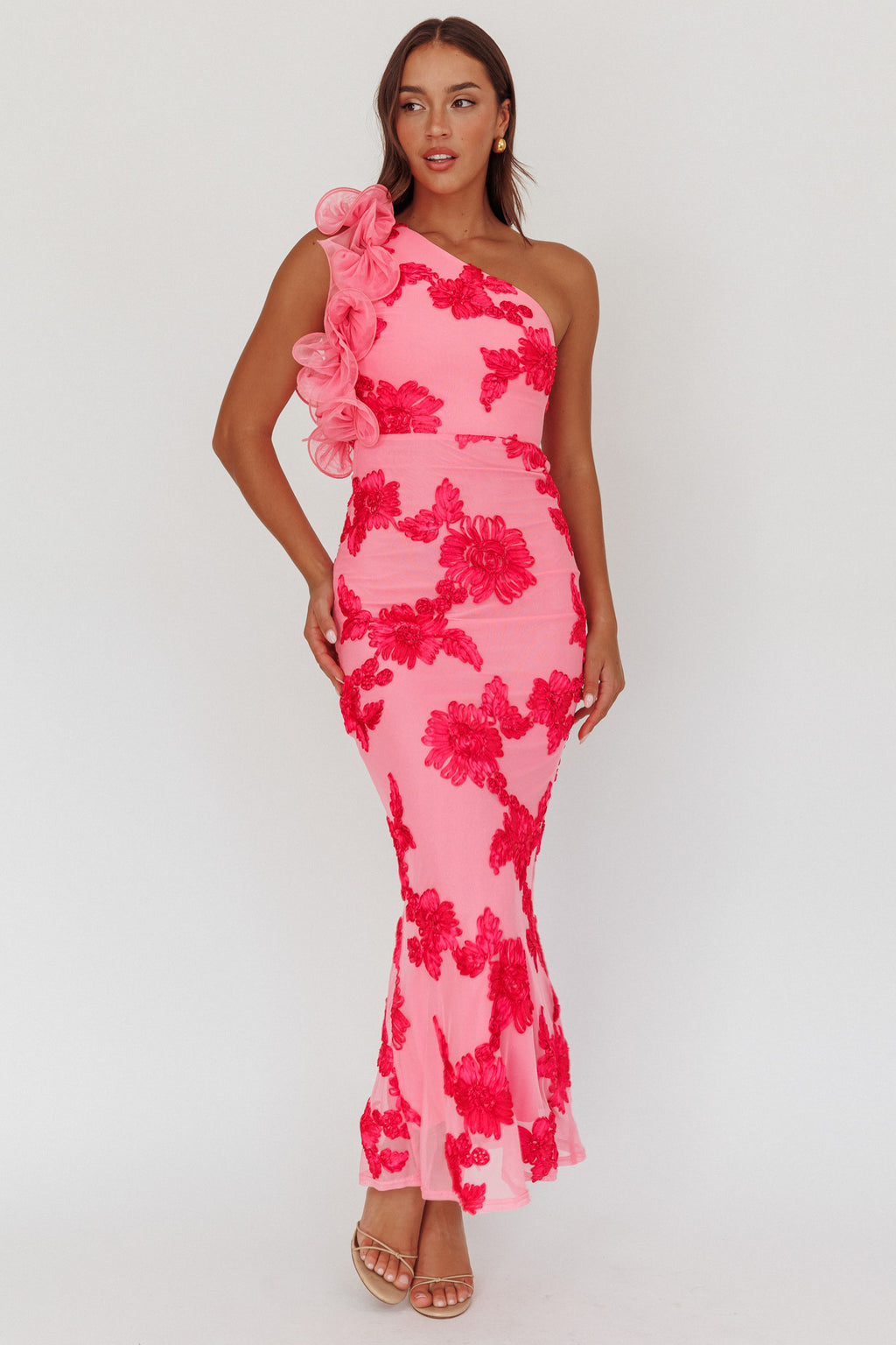 Deanna One-Shoulder Ruffle Maxi Dress Floral Pink by Selfie Leslie