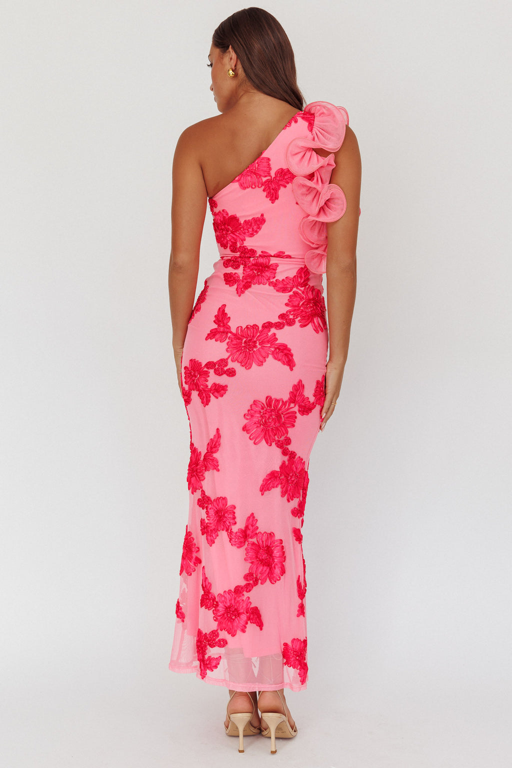 Deanna One-Shoulder Ruffle Maxi Dress Floral Pink by Selfie Leslie