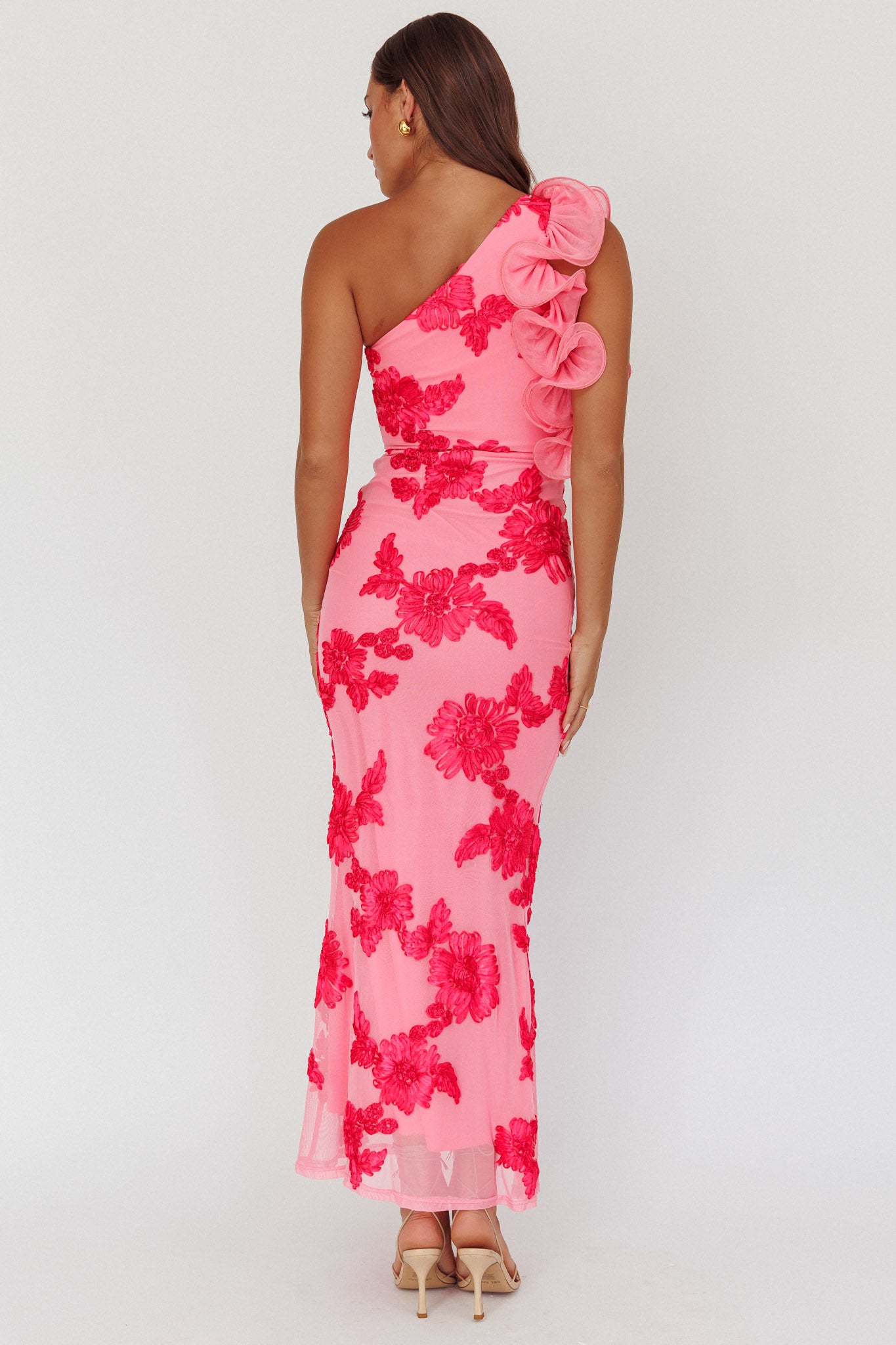 Deanna One-Shoulder Ruffle Maxi Dress Floral Pink by Selfie Leslie
