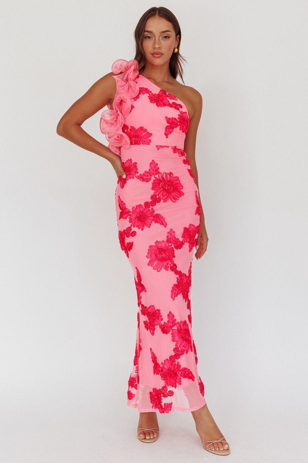 Deanna One-Shoulder Ruffle Maxi Dress Floral Pink by Selfie Leslie