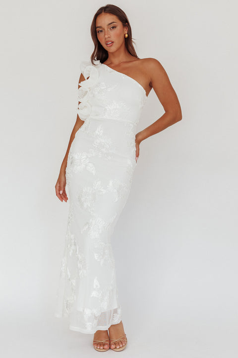 white one shoulder ruffle hem maxi dress Deanna One-Shoulder Floral Texture Size ( US | EU ):8 | 40 Embroidered skirt New Furniture Blue Pants What Color