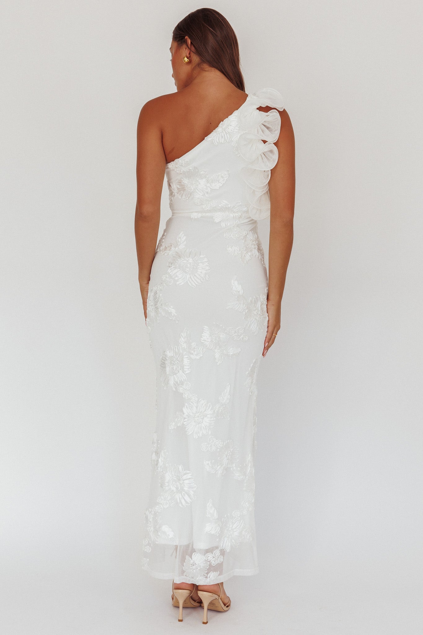 white floral dress maxi Deanna One-Shoulder Ruffle Maxi Dress Floral Texture White