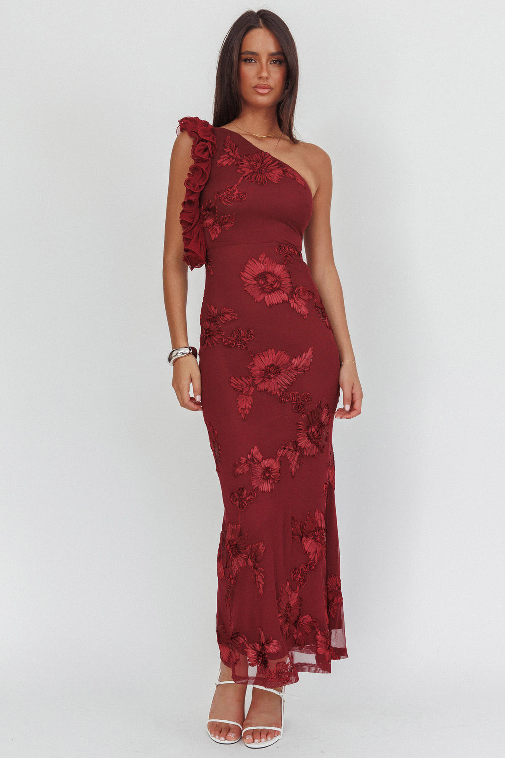Deanna One-Shoulder Ruffle Maxi Dress Floral Texture Wine by Selfie Leslie